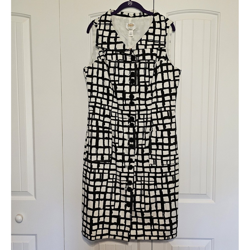 Talbots Sheath Dress Womens 16 Black White Grid Button Front Sleeveless Stretch - Picture 1 of 7